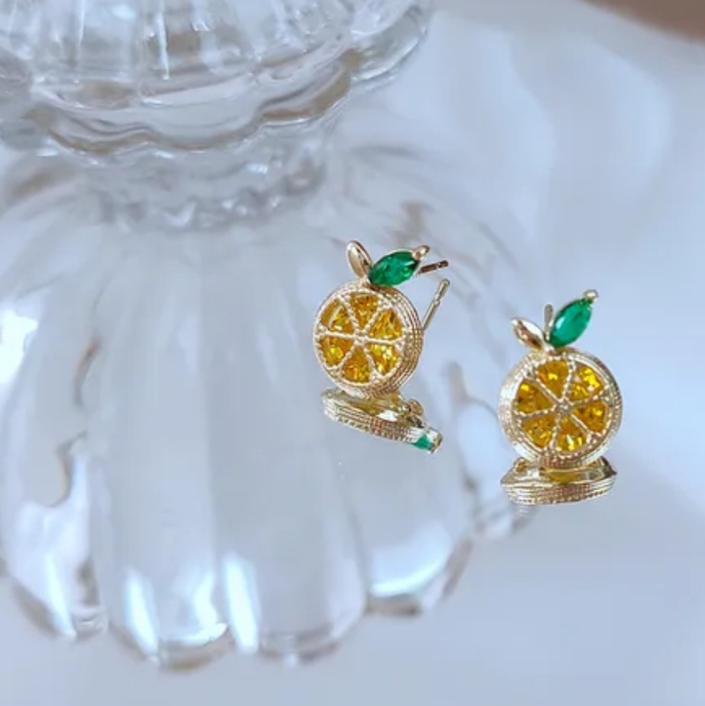 Jeweled Lemon Diamond Cut Fruit Gold Stud Dainty Luxury Unique Earrings
